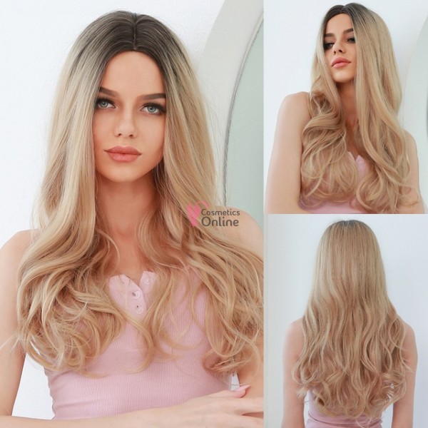 Peruca HM din par sintetic ondulata de 70 cm LC451 Ombre Saten Inchis cu Blond Mediu Mixt